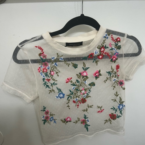 Urban Outfitters Tops - Urban Outfitters Floral Embroidered Sheer Crop Top - Cream